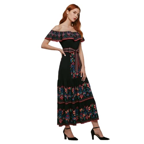 Womens Mexican Fiesta Dress Cinco De Mayo Spanish Cuban Dress with Belt