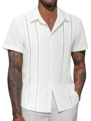 Mens Button Down Short Sleeve Shirts Summer Casual Cuban Guayabera Shirt Beach Wedding Vacation Tops