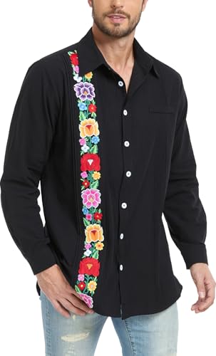 Men's Mexican Shirts Cuban Guayabera Shirt Casual Long Sleeve Embroidered Linen Summer Beach Shirts