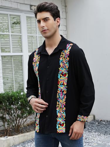 Mexican Shirts for Men Guayabera Cinco De Mayo Fiesta Traditional Embroidered Collared Button Up Long Sleeve