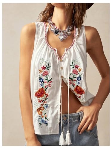 Women's Floral Embroidered Tops Y2K Sleeveless Scoop Neck Button Down Tank Top