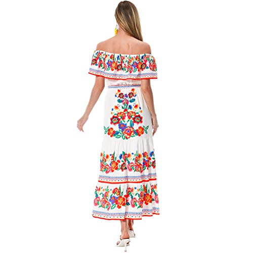 Mexican Dress for Women Off Shoulder Floral Print Maxi Dress Summer Party Casual Sundress Dresses