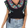Women Mexican Embroidered Off-Shoulder Shirt Lace Falbala Top
