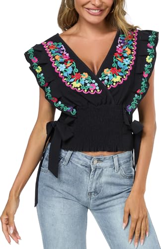 Women Mexican Embroidered Off-Shoulder Shirt Lace Falbala Top