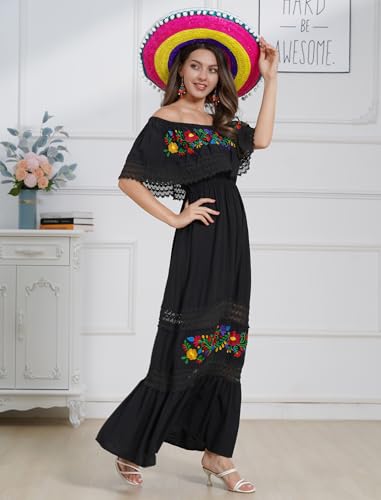 Mexican Dress for Women Traditional Off Shoulder Embroidered Present Casual Lace Long Maxi Dress Cinco de Mayo Outfit