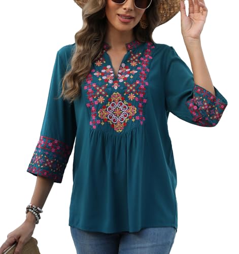 Mexican Embroidered Tops Boho 3/4 Sleeve Shirts Floral Peasant Tunic Bohemian Fiesta Blouses Clothes for Women