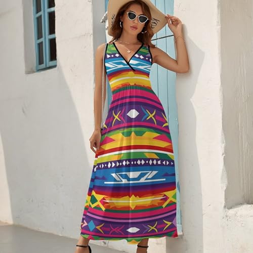 Ethnic Mexican Colorful Stripes Womens Casual Sleeveless Dress Maxi Long Beach Dress Sundress