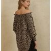 Women's Off Shoulder High Low Tunic Tops Allover Print Long Puff Sleeve Blouse