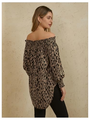 Women's Off Shoulder High Low Tunic Tops Allover Print Long Puff Sleeve Blouse
