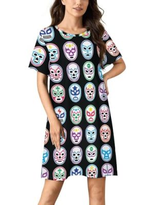 Lucha Libre Mexican Wrestling Masks Nightgowns for Women Sleepwear Short Sleeve Sleep Dress Nightshirt