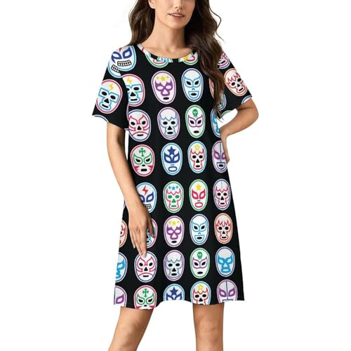 Lucha Libre Mexican Wrestling Masks Nightgowns for Women Sleepwear Short Sleeve Sleep Dress Nightshirt