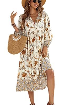 Womens Women's Long Sleeve Floral Print Retro V Neck Tassel Bohemian Midi Dresses