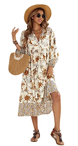 Womens Women's Long Sleeve Floral Print Retro V Neck Tassel Bohemian Midi Dresses