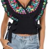 Women Mexican Embroidered Off-Shoulder Shirt Lace Falbala Top