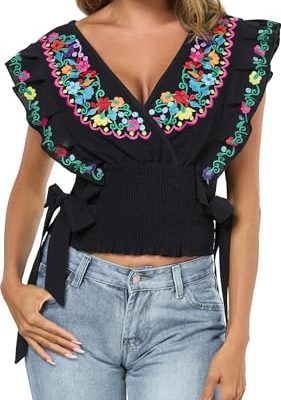 Women Mexican Embroidered Off-Shoulder Shirt Lace Falbala Top