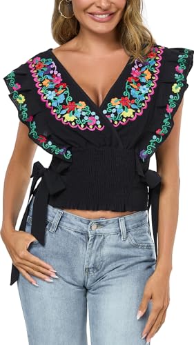 Women Mexican Embroidered Off-Shoulder Shirt Lace Falbala Top