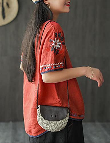 Women's Cotton Linen Tops Embroidered Short Sleeve Peasant Boho Mexican Tunic Top Festival Casual Loose T Shirt