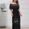 Mexican Dress for Women Floral Embroidery Maxi Off-Shoulder Ruffle Sleeveless Traditional Fiesta Dresses