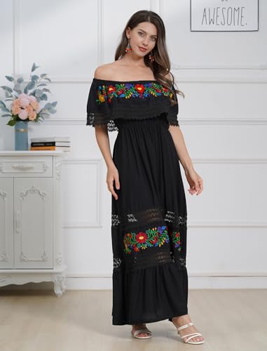 Mexican Dress for Women Floral Embroidery Maxi Off-Shoulder Ruffle Sleeveless Traditional Fiesta Dresses