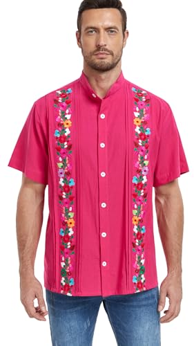 Men's Mexican Cuban Shirt Embroidered Traditional Button Down Shirt Summer Band Collar Short Sleeve Tops