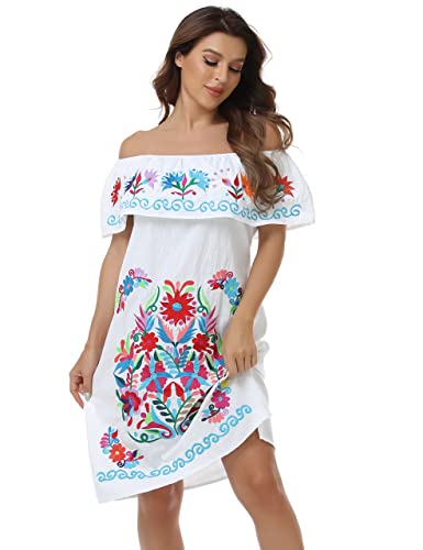 Women Mexican Embroidered Dress Ruffle Collar Sleeveless