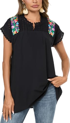 Mexican Shirts for Women Embroidered Tops Peasant Blouse Lace Tops White Short Sleeve Summer Floral V Neck T Shirt