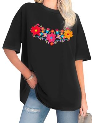 Women's Mexican Shirts Embroidered Oversized T Shirt Boho Floral Tee Vintage Flowers Graphic Tee Tops