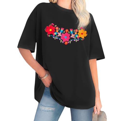 Women's Mexican Shirts Embroidered Oversized T Shirt Boho Floral Tee Vintage Flowers Graphic Tee Tops