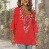 Women's Mexican Embroidered Tops Bohemian Style Peasant 3/4 Sleeve Fiesta Shirts Boho Tunic Blouses Hippie Clothes