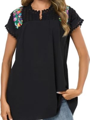 Mexican Shirts for Women Embroidered Tops Peasant Blouse Lace Tops White Short Sleeve Summer Floral V Neck T Shirt