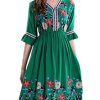 Women's Short Sleeve Mexican Embroidered Floral Pleated Midi A-line Cocktail Dress