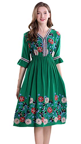 Women's Short Sleeve Mexican Embroidered Floral Pleated Midi A-line Cocktail Dress