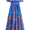 Girls Mexican Dress Spring Summer Off-Shoulder Ruffle Traditional Folk Maxi Dress Belted Cinco De Mayo Fiesta Sundress