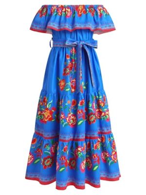 Kids Girl Mexican Dress Traditional Floral Print Ethnic Wear Fiesta Dresses Birthday Outfit Costume 5-12T