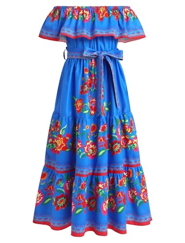 Girls Mexican Dress Spring Summer Off-Shoulder Ruffle Traditional Folk Maxi Dress Belted Cinco De Mayo Fiesta Sundress