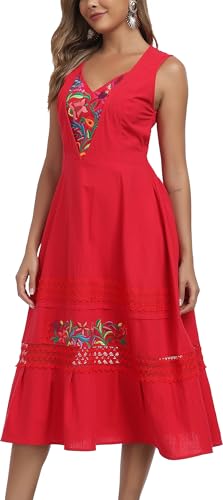 Women's Mexican Dress Floral Embroidered Casual Lace Ruffle Maxi Dress