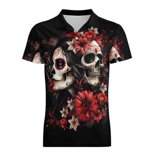 Mexican Day of The Dead Women Goth Novelty Golf Shirt Polo Shirts Short Sleeve for Men Casual Tops with Pocket