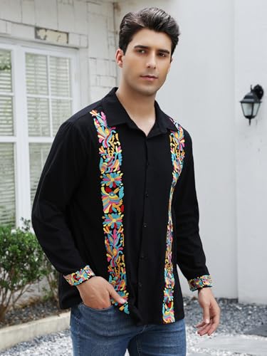 Mexican Shirts for Men Guayabera Cinco De Mayo Fiesta Traditional Embroidered Collared Button Up Long Sleeve
