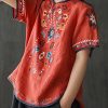 Women's Cotton Linen Tops Embroidered Short Sleeve Peasant Boho Mexican Tunic Top Festival Casual Loose T Shirt