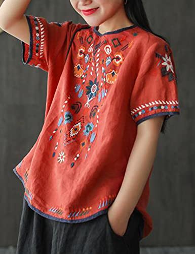 Women's Cotton Linen Tops Embroidered Short Sleeve Peasant Boho Mexican Tunic Top Festival Casual Loose T Shirt