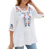 Women's Embroidered Tops 3/4 Sleeve Mexican Blouses Shirts Round Neck Dressy Tunics Peasant Tops Loose Fit