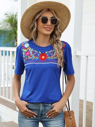 Mexican Shirts for Women Traditional Embroidered Fiesta Cinco De Mayo Tops Floral Crewneck Short Sleeve