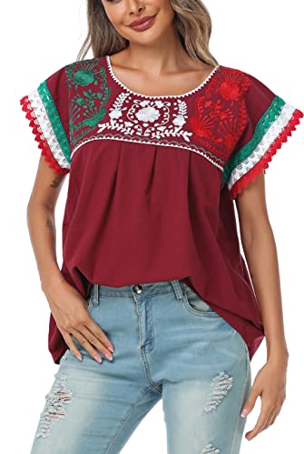 Women Mexican Embroidered Lace Traditional Colorful Blouse Tricolor Top Mexican Independence Day Shirt
