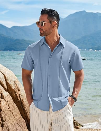 Mens Cuban Guayabera Short Sleeve Shirt Casual Summer Beach Tops Button Down Untucked Shirts