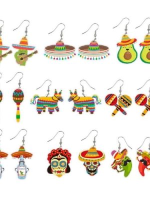 9 Pairs Cinco De Mayo Earrings for Women Mexican Fiesta Earrings Set Funny Pepper Racket Rainbow Horse Hat Cactus Guitar Chili