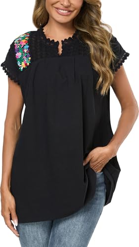Mexican Shirts for Women Embroidered Tops Peasant Blouse Lace Tops White Short Sleeve Summer Floral V Neck T Shirt