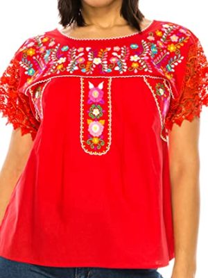 Women Traditional Puebla Mexican Embroidered Blouse