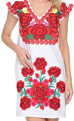 Women Mexican Embroidered Dress Ruffle Collar Sleeveless