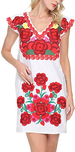 Women Mexican Embroidered Dress Ruffle Collar Sleeveless