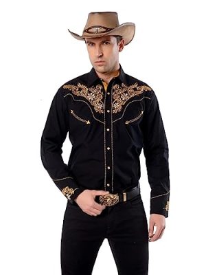 Men's Western Shirt Long Sleeve Embroidered Cowboy Casual Snap Button Shirt